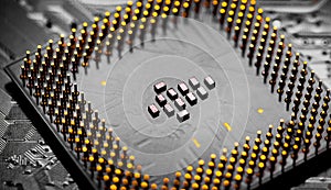 Close up of microchips and pins on Main CPU PC processor circuit