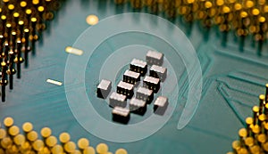 Close up of microchips and pins on Main CPU PC processor circuit