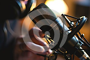 Close-up of microphone with blurred podcaster, ambient studio lighting, podcast recording session