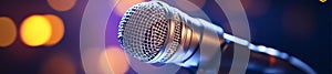 Close-up of a Microphone with Colorful Stage Lights in the Background photo