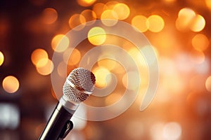 Close up of microphone in concert hall with blurred lights at background. Garland lamps or flashlights in a blurry bokeh
