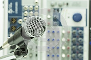 Close up of microphone in concert hall or conference room, Close up old microphone in conference room , Studio equipment