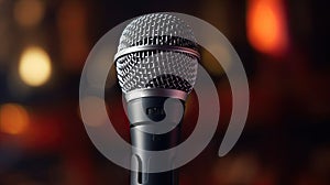 Close up of Microphone in concert hall or conference room. Microphone. Generative Ai