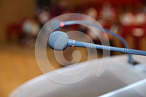 Close up of microphone in conference room . Microphone in Conference Seminar room Event Background . before a conference, the