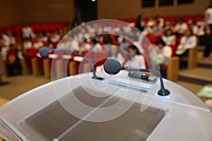 Close up of microphone in conference room . Microphone in Conference Seminar room Event Background . before a conference, the