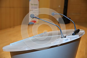 Close up of microphone in conference room . Microphone in Conference Seminar room Event Background . before a conference, the