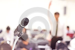 Close up microphone in conference on seminar room event background