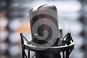 close-up of a microphone with fluffy windscreen