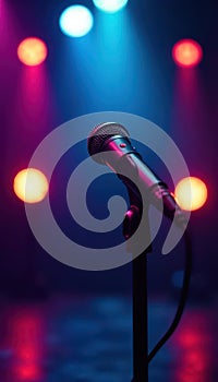 Close up microphone, glowing stage lights, abstract background, concert, night, comedy