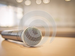 Close-up of Microphone in meeting room with bokeh light, Vintage process