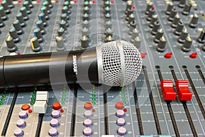 Close up Microphone on Mixing Console of a big HiFi system