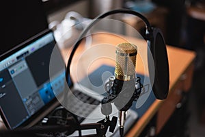 Close up of microphone at music studio, music concept