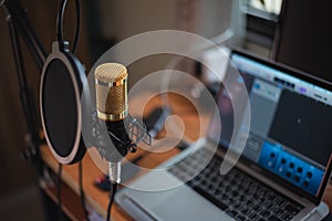 Close up of microphone at music studio, music concept