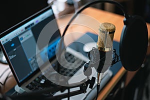 Close up of microphone at music studio, music concept