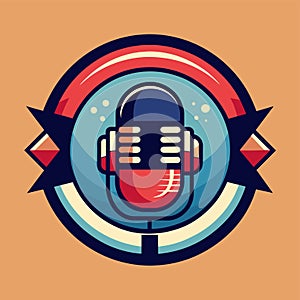 Close-up of a microphone with a red and blue microphone on top, against a plain background, Podcast radio logo icon. Vector