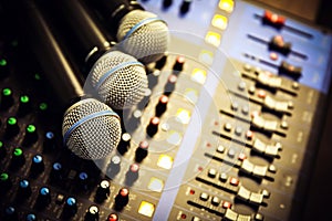 Close-up microphone and sound mixer in studio for sound record