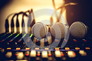 Close-up microphone and sound mixer in studio for sound record control system