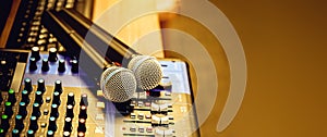 Close-up microphone and sound mixer in studio for sound record