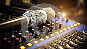 Close-up microphone and sound mixer in studio for sound record control