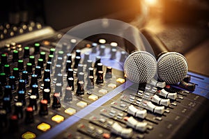 Close-up microphone and sound mixer in studio for sound record control