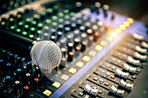 Close-up microphone and sound mixer in studio for sound record control system and audio equipment