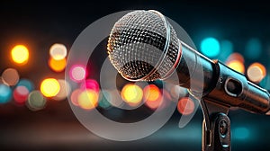 Close-up of a microphone on stage with blurred lights in the background
