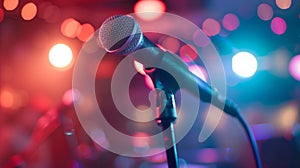 Close-Up of a Microphone on Stage With Colorful Bokeh Lights