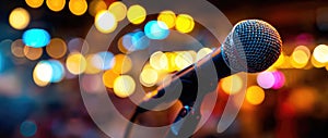 Close-Up Microphone on Stage with City Lights Bokeh Background