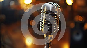 A close up of a microphone on top of some blurry lights, AI
