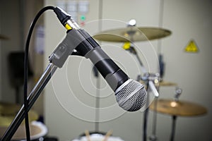 Close up of microphone with vintage picture style. Music equipment in training room