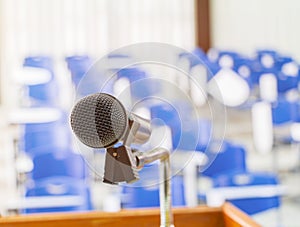 Close up microphone wireless black on stand in conference seminar meeting room in class meeting room