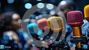 Close-up of Microphones in a Row. Generative AI.