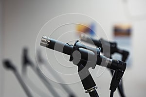Close-up of microphones in a studio. Sound recording.
