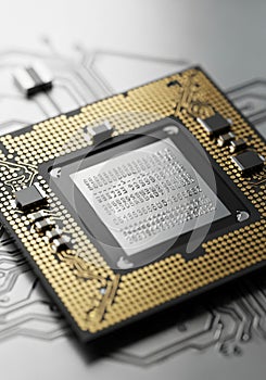Close-up of a microprocessor on a circuit board. The central silicon chip is