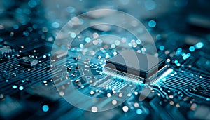 Close-up of a microprocessor on a circuit board with glowing electronic components