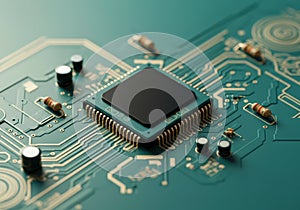 Close-up of a microprocessor on a green circuit board