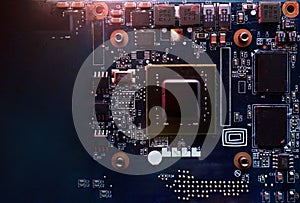 Close-up.  Microprocessor on pc motherboard. Circuit Board with resistors microchips and electronic components. Computer hardware