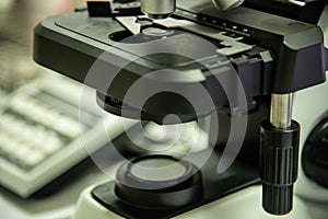 Close up microscope in bio laboratory