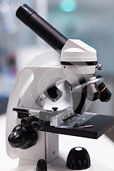 Close up of microscope in biochemistry laboratory