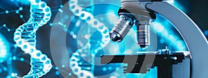 Close-up of microscope in medical lab where DNA strands are decoded to unlock nature\'s deepest secrets photo