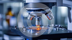 Close-up of a microscope focused on a petri dish in a laboratory setting