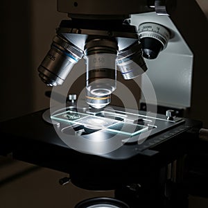 Features multiple objective lenses, each labeled with magnificati