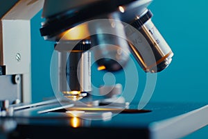 Close-up of a microscope with a glowing orange light focusing on a slide