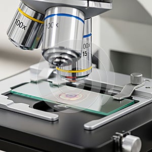 15x. A glass slide with a specimen is positioned on the stage, secured by