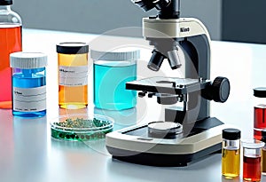 Close-up of a microscope in a laboratory with petri dishes and equipment, medical and scientific laboratory equipment