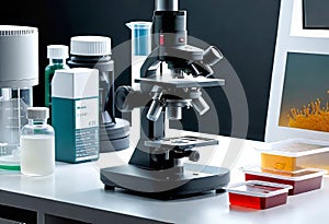Close-up of a microscope in a laboratory with petri dishes and equipment, medical and scientific laboratory equipment