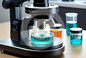 Close-up of a microscope in a laboratory with petri dishes and equipment, medical and scientific laboratory equipment