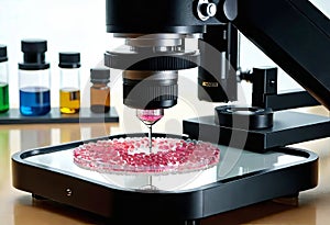 Close-up of a microscope in a laboratory with petri dishes and equipment, medical and scientific laboratory equipment