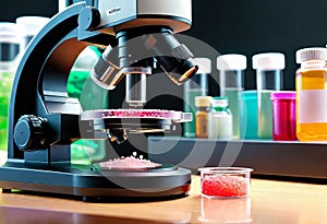 Close-up of a microscope in a laboratory with petri dishes and equipment, medical and scientific laboratory equipment