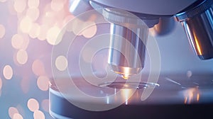 Close up of microscope lens in laboratory with blurred background lights